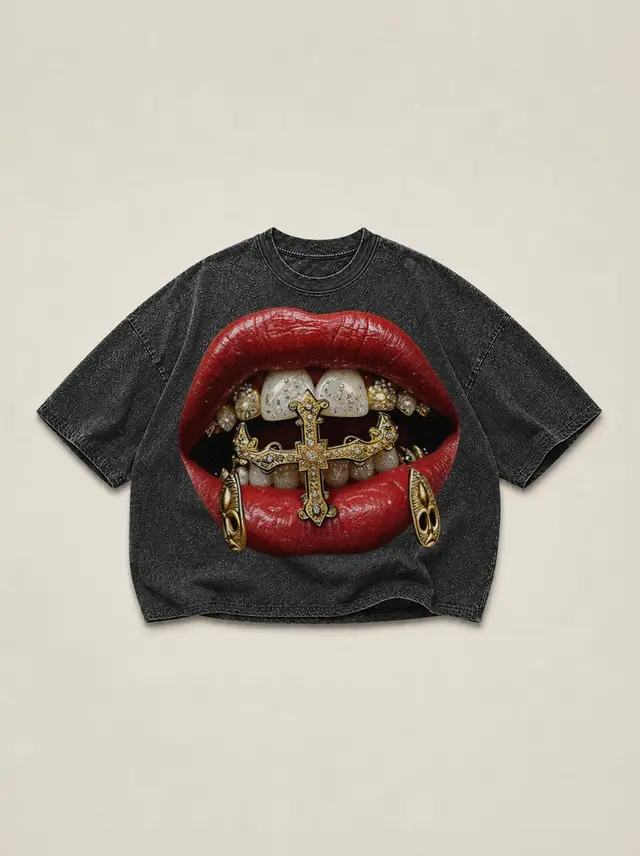 Glamorous Red Lips Adorned with Gold Grills, Rhinestones, and an Ornate Cross