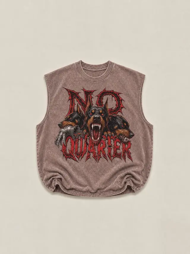 Three Snarling Dobermans Beneath Blood-Etched "No Quarter" Metal Typography