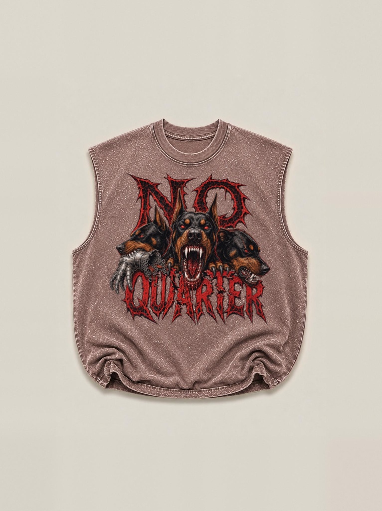 Three Snarling Dobermans Beneath Blood-Etched "No Quarter" Metal Typography